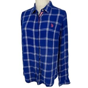US Polo Assn Womens Blue White Plaid Long Sleeve Button Down Shirt Top M Soft
